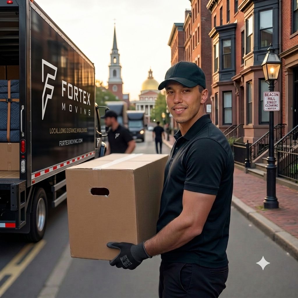 Fortex crew member carrying a labeled carton past a Beacon Hill street sign