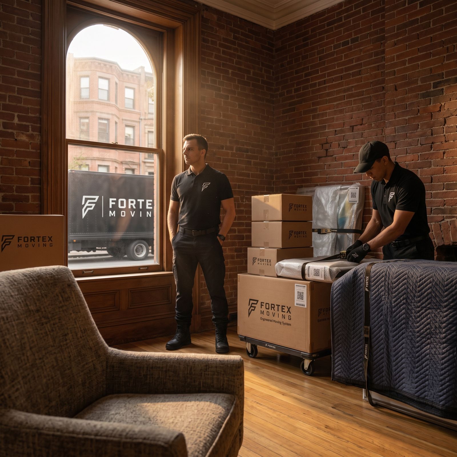 Fortex crew wrapping furniture inside a Boston brownstone