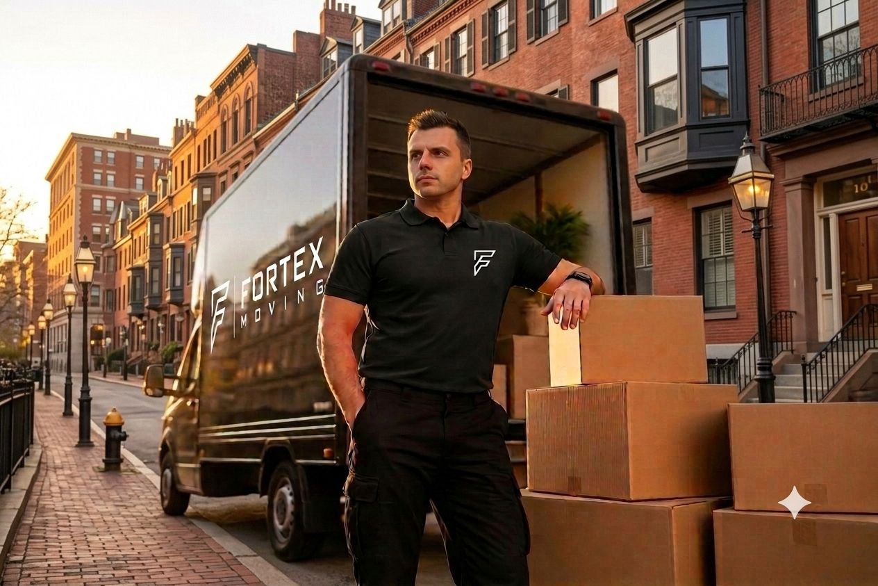 Fortex crew member beside the branded truck on a Boston street at golden hour