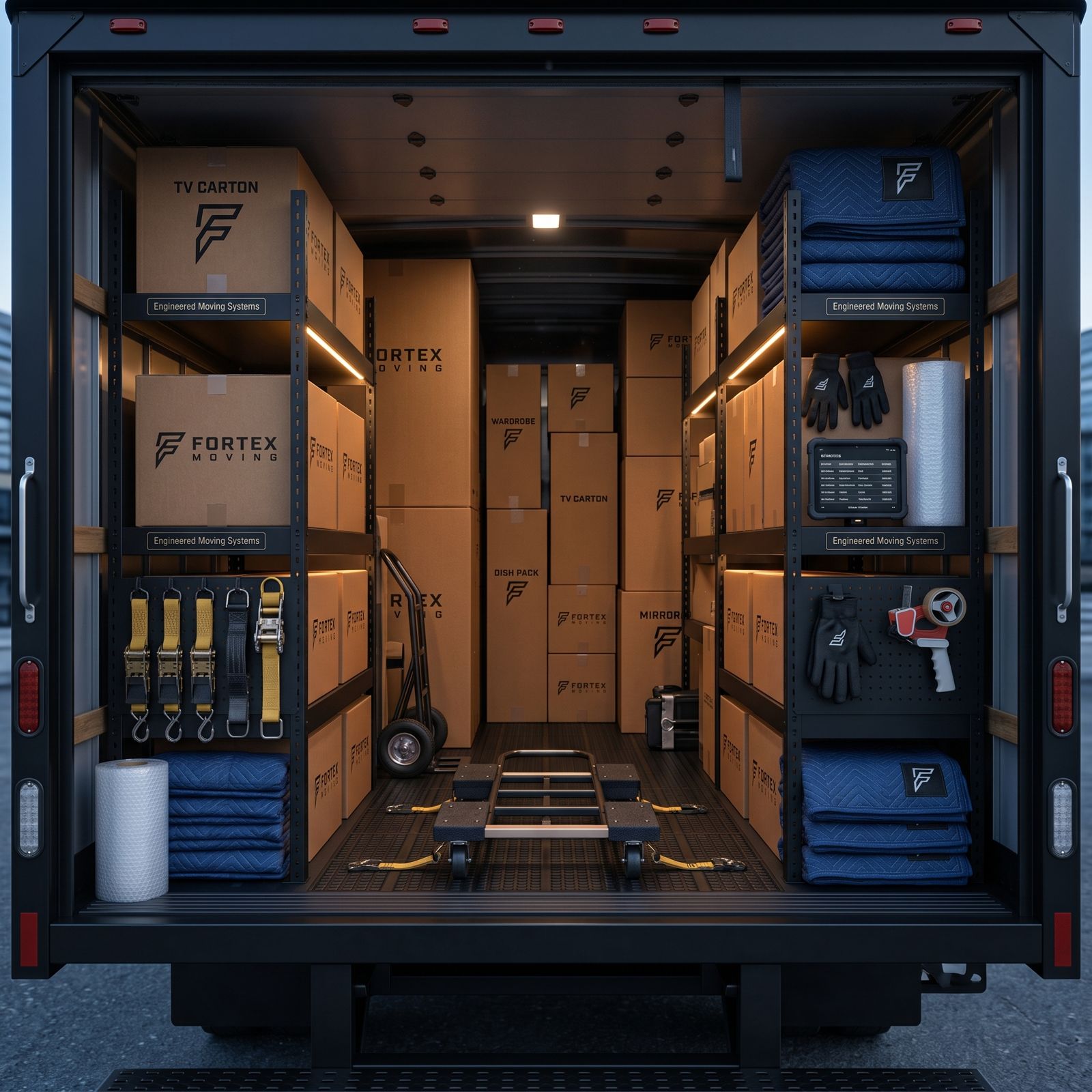 Organized interior of a Fortex box truck with labeled cartons, blankets, and tie-down straps